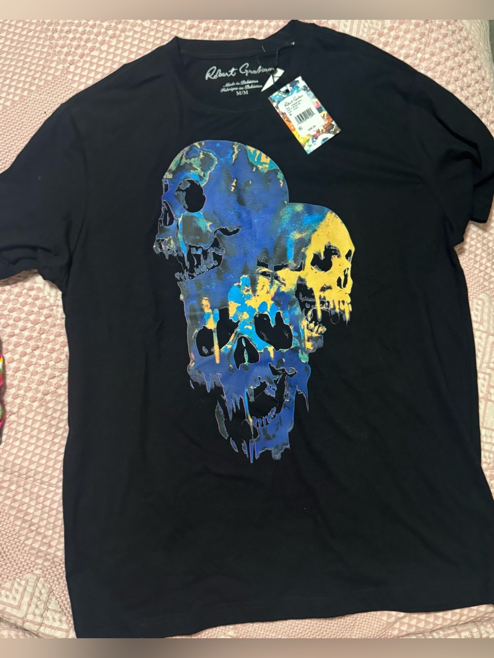 Robert Graham Black Graphic Skull Print Men’s T‑Shirt - Blue/Yellow Skull